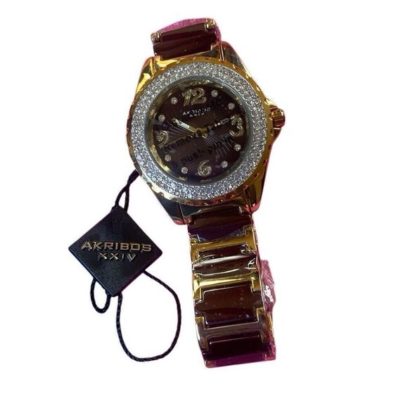 Akribos XXIV Womens Watch Metal Ceramic Band Gold Tone Gem Case 39mm AK891BRG - Picture 10 of 12